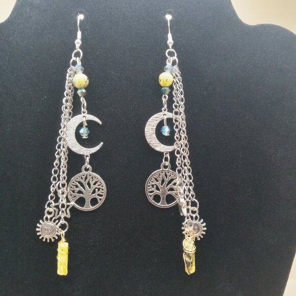 Cycles of Life Crescent Moon and Tree of Life Yellow Turquoise Dangle Earrings - Picture 1 of 15